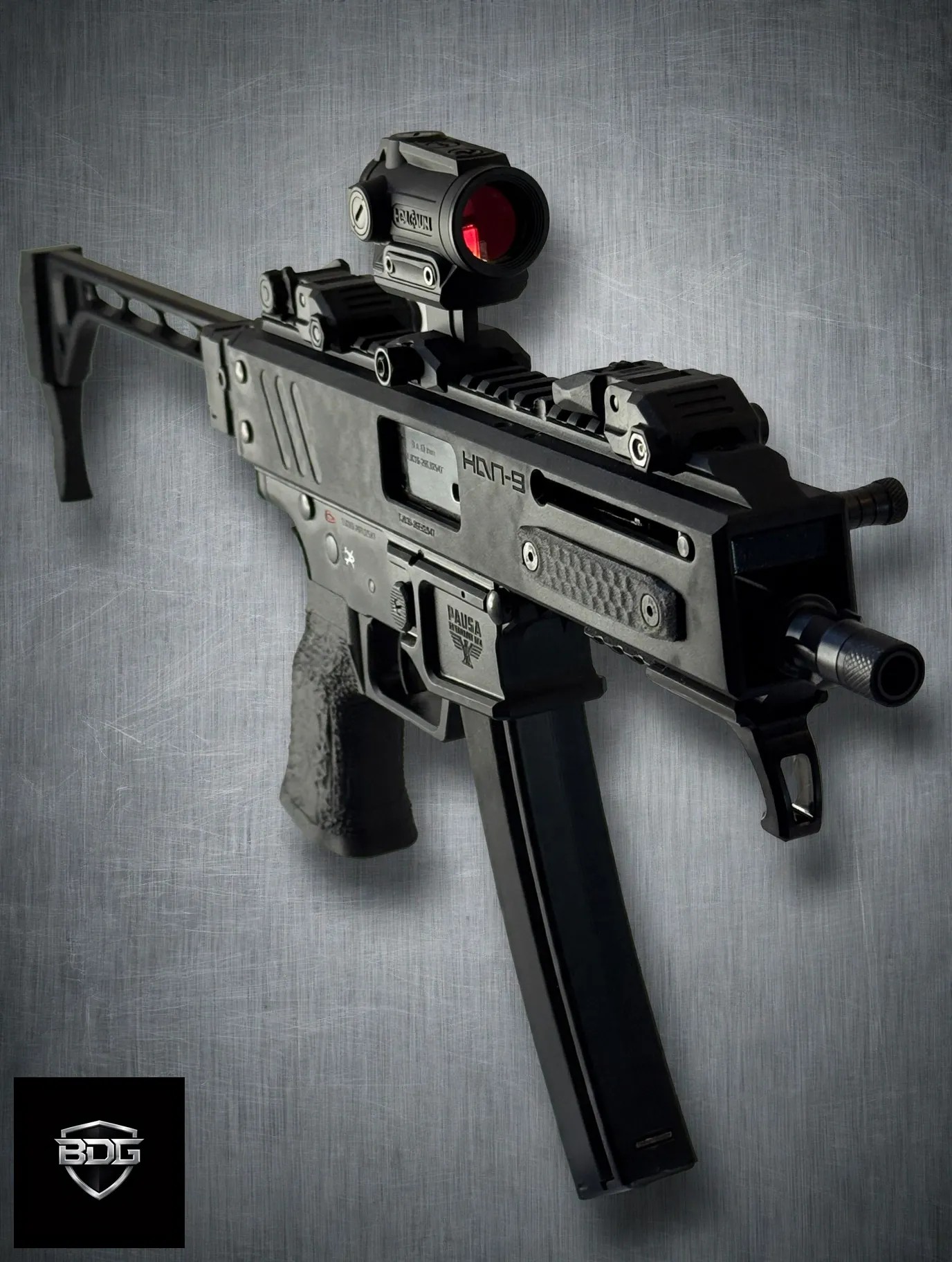 Custom Panzer Arms HAN9 9mm PCC pistol in black with BDG brace, BDG kit, and mounted Holosun ARO enclosed sight — available for purchase direct from BDG