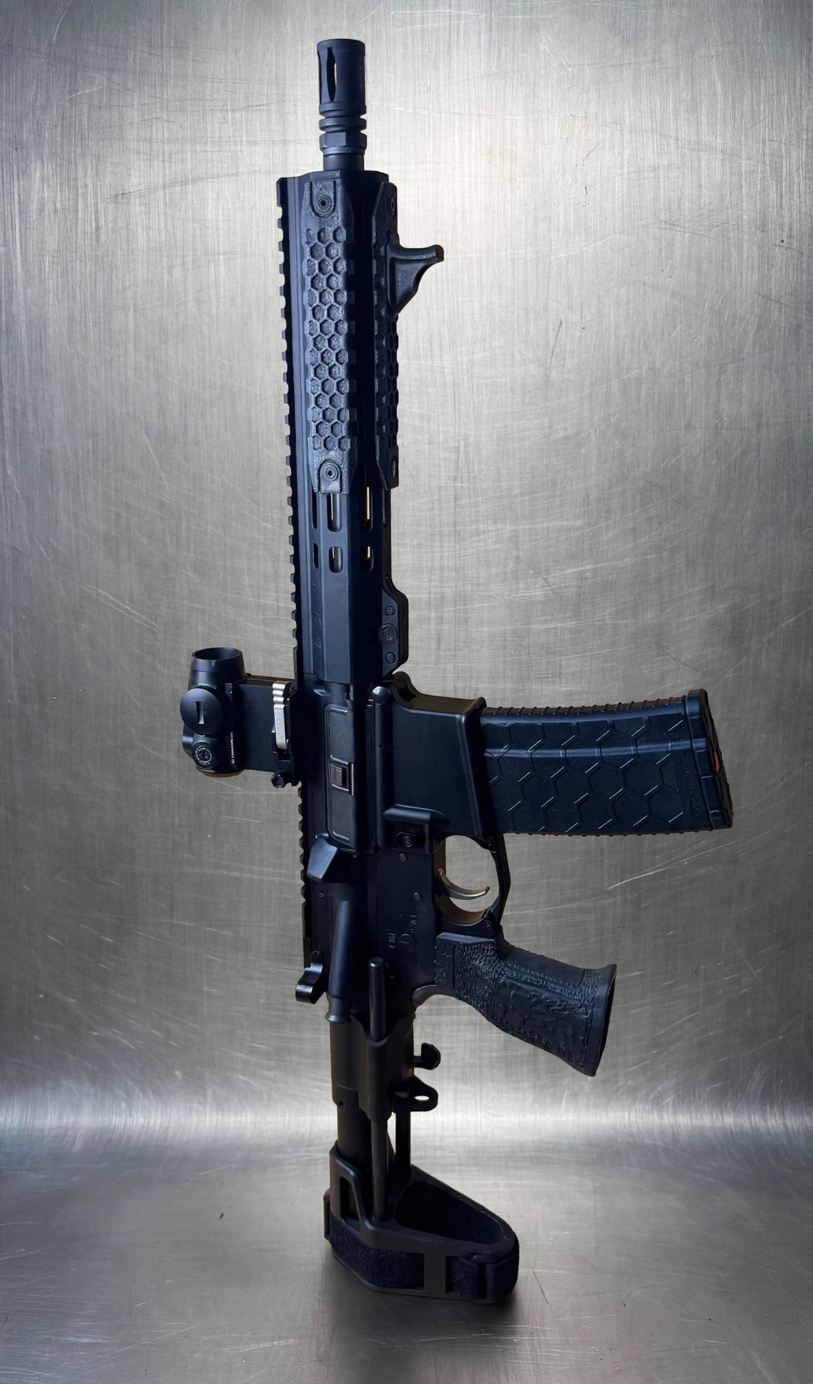 PSA AR-15 pistol in 5.56 NATO, all black, with Expo Arms 10.5" upper, SIG Romeo5 green dot, and SB Tactical PDW brace — available for purchase direct from BDG